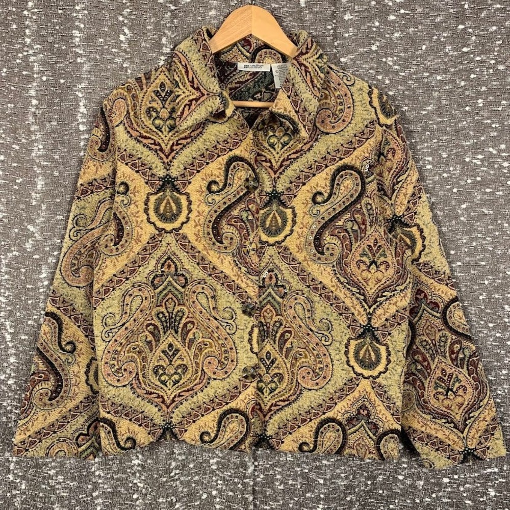 Units Paisley Tapestry Jacket Button Front Beaded Boho Artsy Women's Medium